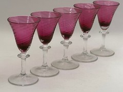 5 Garda Rose Swirl Cranberry Optic Cordial Glasses by Schmidt F Germany Glass