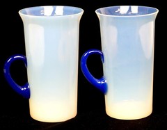 H.C. Fry Foval Opaline Glass Delft Blue 12oz Pair Antique 5 1/4″ Tall Cups 1920s