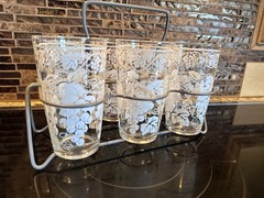 Vtg Hazel Atlas White Grape Vines Glasses Set 6 W/ Drink Caddy MCM Retro Barware