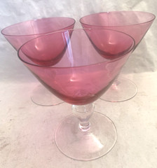 Vintage Cranberry Pink Glass Clear Ball Stem Champagne Sherbet Set-3