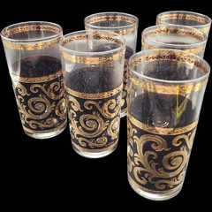 Vintage Culver Toledo 22kt Gold & Black Highball Glasses Set of 6