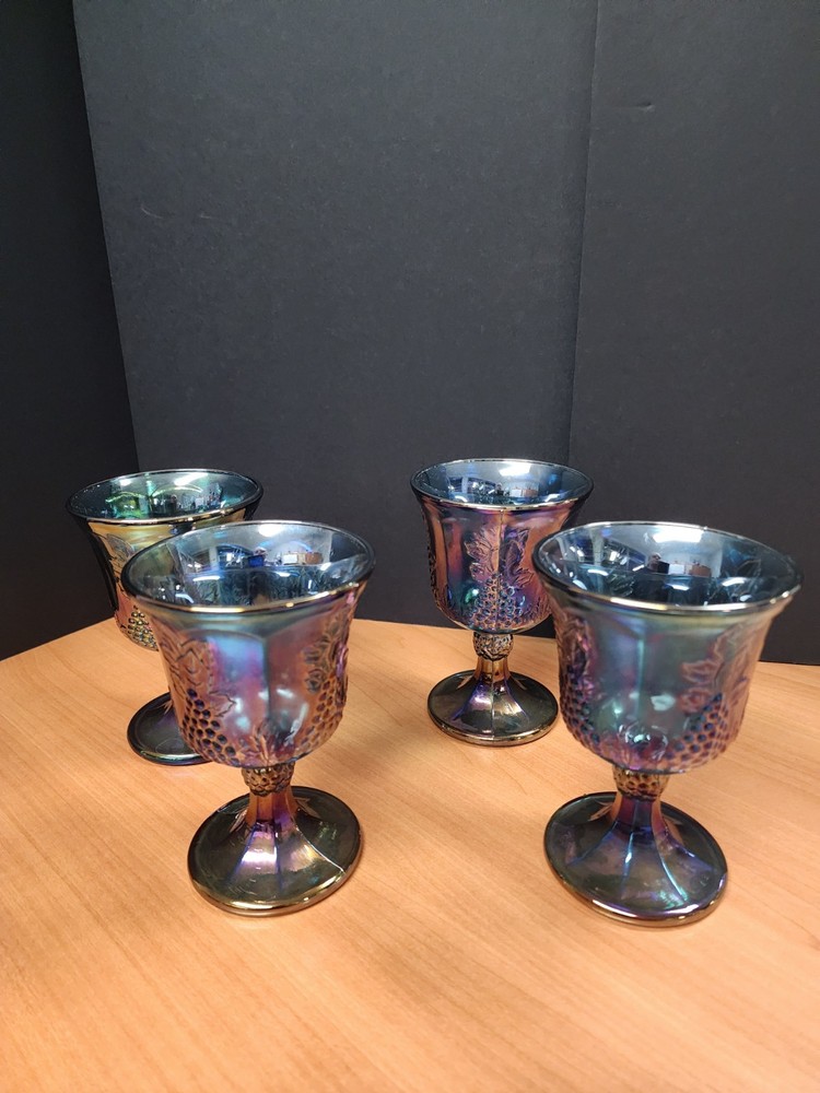 Set Of 4 Indiana Glass Water Goblets In Blue Carnival Glass Vintage