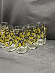 6 Vintage MCM 6” Clear Glass Tumblers With Raised Green Enamel Leaves