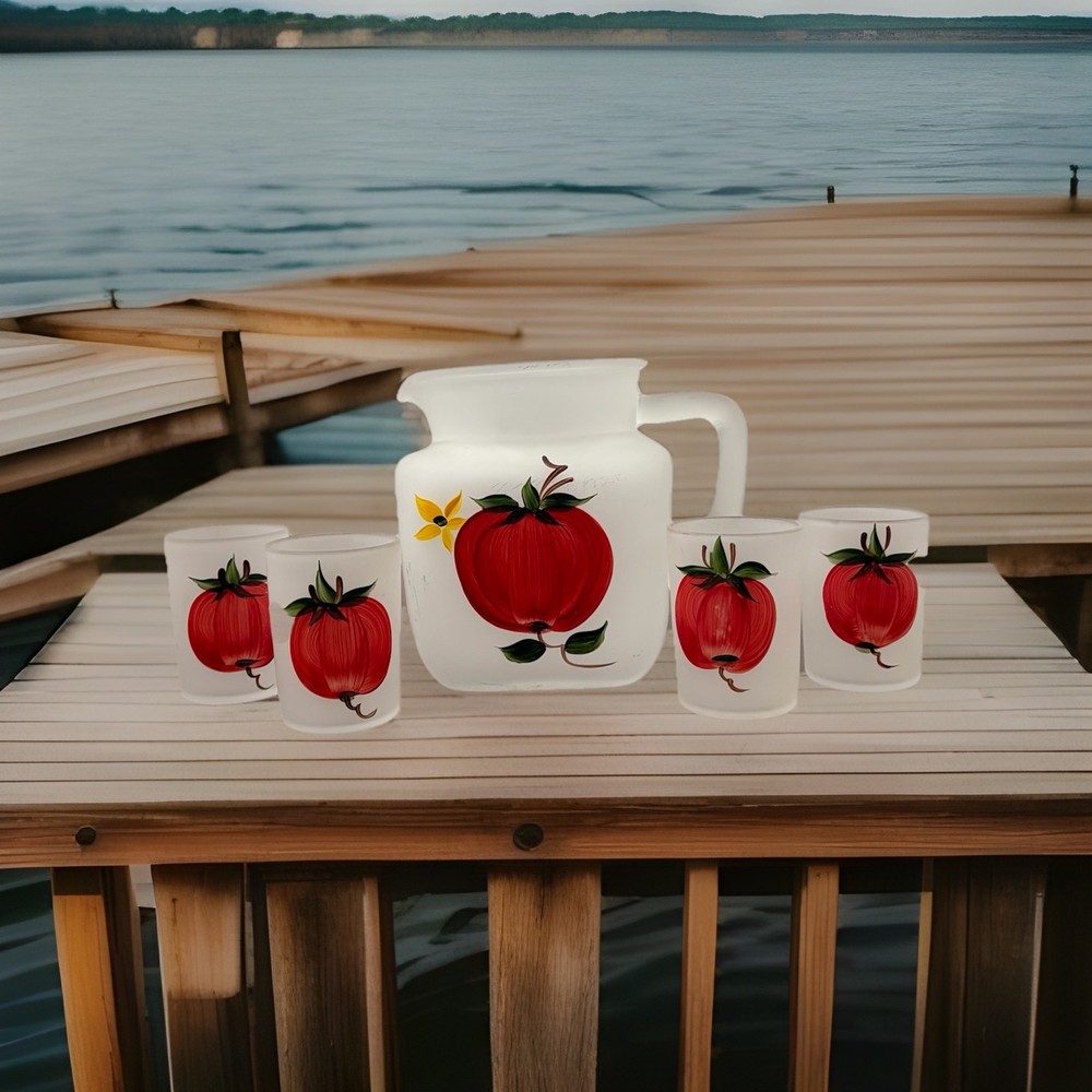 Vintage 1950’s Hazel Atlas Frosted Tomato 5 Piece Juice Set Marked Logo H Over A