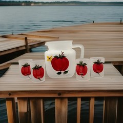 Vintage 1950’s Hazel Atlas Frosted Tomato 5 Piece Juice Set Marked Logo H Over A