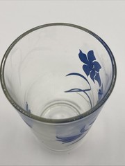 1960s Vintage Blue Floral Printed Glass Tumbler Clear Drinking Cup Kitchen Decor