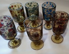ANTIQUE WALDGLAS A. TAUBE MEDEVIL GOTHIC HUNTING SCENES ENAMEL GLASS GOBLETS 6