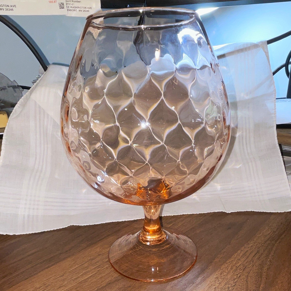VTG MCM Empoli Pink Diamond Optic Glass Brandy Snifter Vase 9″ Italy Pedestal