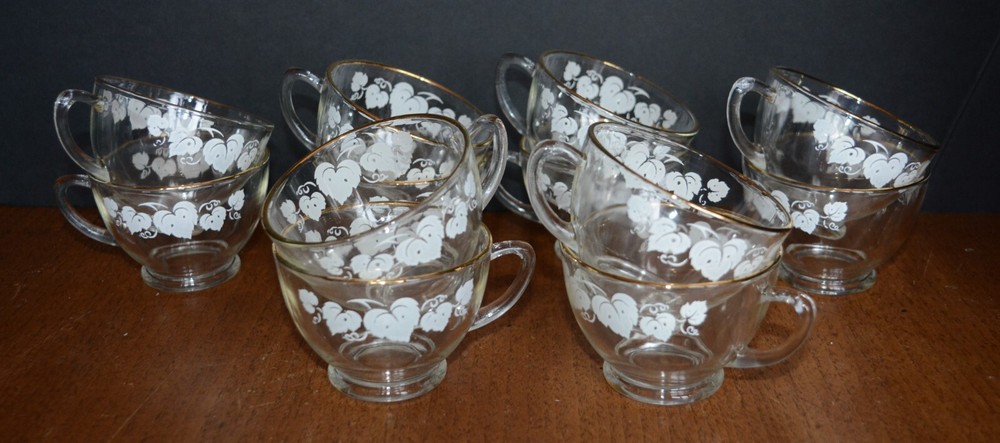 VTG Libbey Gold Trim and White Ivy Tea Cups Punch Glasses (12)