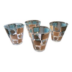 4 Culver CARNIVAL Gold and Turquoise 4 ⅛» MCM Double Old-Fashioned Glasses