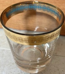Vintage Culver Whiskey Low Ball Clear Glasses Gold Teal Band Edge Set of 5, 6oz