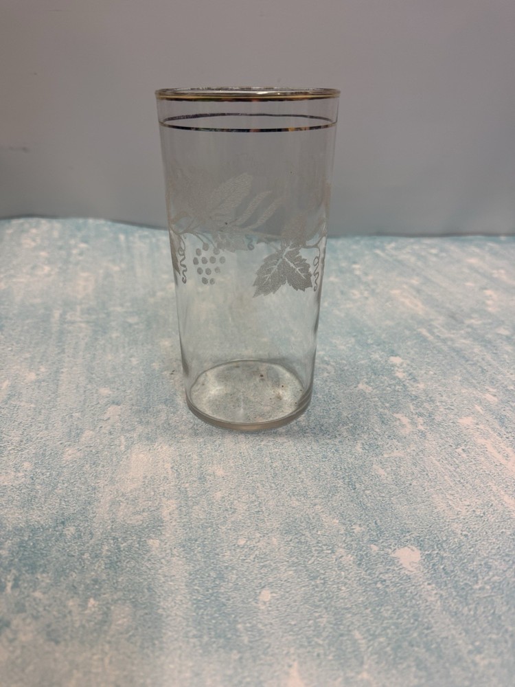 Vintage Bartlett Collins Grape Leaf Etched Glasse Gold Rim 1950s 6.75” Tall