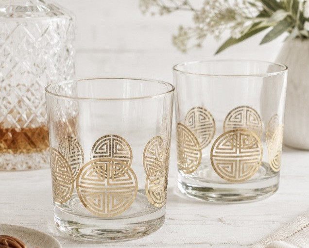 VTG Gold Geometric Rocks Glasses Set 2 MCM Lowball Tumblers 4″ Barware Cocktail