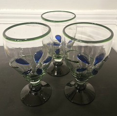 Vintage Hand Blown Art Glasses – Green Rimmed with Blue Flowers