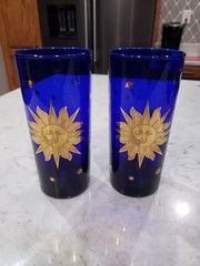 2 CULVER Cobalt Blue 22K Gold Celestial Sun Stars Moon Saturn 6″ Glass Tumblers