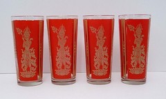 Boho Culver Glass 1960s Red Gold High Ball Set 4 Mid Century Thai Hindu Goddess