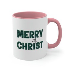 Two-tone Accent Ceramic Mug 11oz – Merry with Christ – Green Plaid Christmas Hol