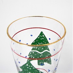 Christmas Tree Holiday Glass Tumbler Gold Rim Red Stripe Blue Snow Vintage