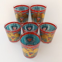 Set of 6 Cera E Pluribus Unum Scotch Whiskey Glasses Barware Patriotic Eagle MCM