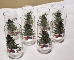 Set 8 Holiday Christmas Tree Glasses Tumblers MINT Tienshan Luminarc Table Decor