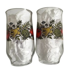 Vintage Set of 2 Glass Tumbler Vegetables Motif Tomato Artichoke Mushroom 14 oz