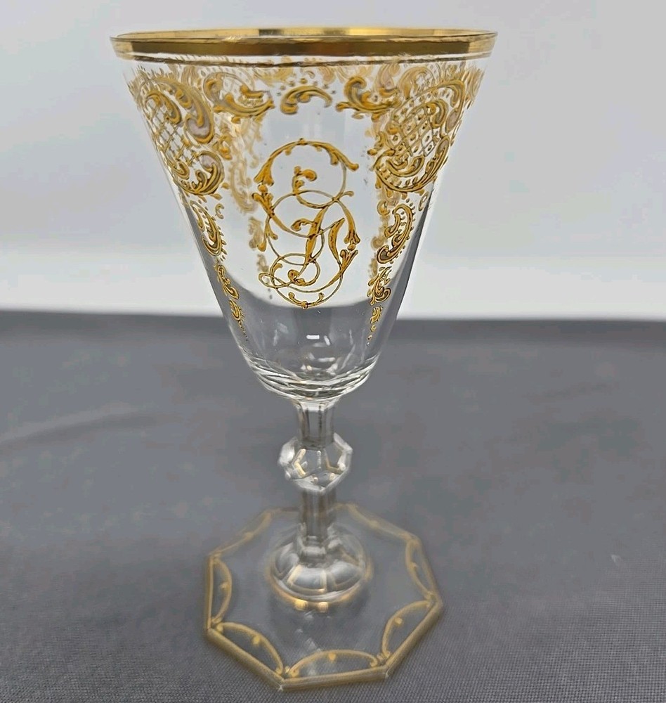 Bohemian Attr. Josephinenhuette Cut Crystal Gold Painted Aperitif Glass