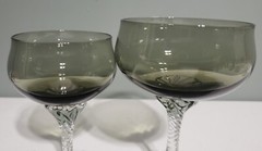 2 SASAKI Hawthorne Smoke Grey Blown Crystal Glasses 5″ & 4.5″ Twisted Clear Stem