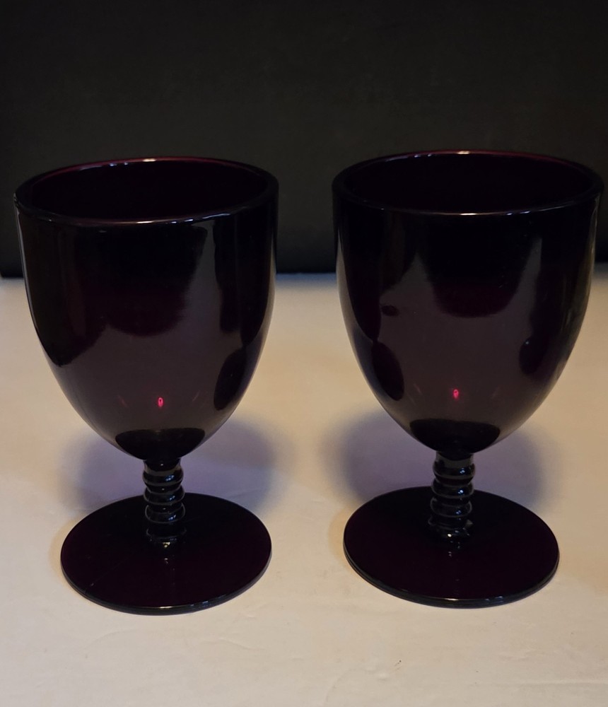 Vintage Ruby Red Water Goblets / Wine Glasses Set of 2 Stacked Ring Stem 5.5″