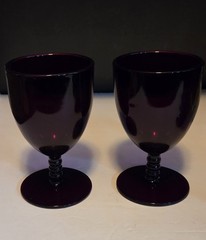 Vintage Ruby Red Water Goblets / Wine Glasses Set of 2 Stacked Ring Stem 5.5″