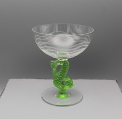 Vintage CZECH Glass 4.5″ Champaign Green Dolphin Fish Stem Cutting Waves Dots