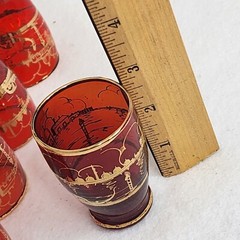 Lot of 5 Red Glass Cordial Tumbler Ruby Red Venetian Landscape Scenes Barware