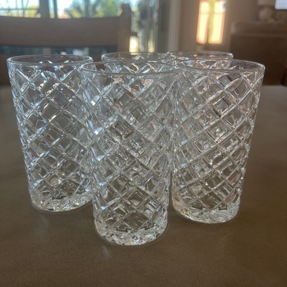Set of 5 Diamond Cut Drinking Glasses 5 1/2 Inch Tall Vintage Tumblers Barware