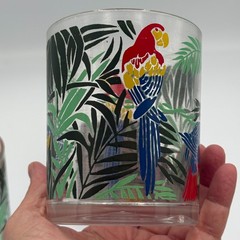3 VTG CERA MCM PLASTIC lowball rocks glasses Tropical PARROTS IN TREES barware