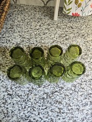 Vtg Anchor Hocking MILANO Avocado Green Footed Juice Glasses MCM Crinkle Set 8