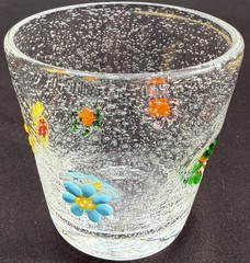 Crate & Barrel Zazz Seeded Bubble Glass Flower Tumbler Miliefiori Daisy 3.75”