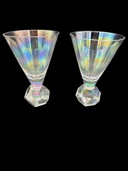 VTG Prism Glass Opalescent Martini Glasses 6.25″ Diamond Faceted Base Set of 2