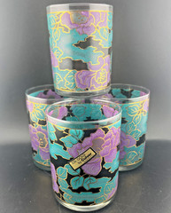 Culver Glasses Shanghi 14 Oz Double Rocks Flowers Colors Set of 4 Vintage