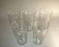 Set of 5 Antique Tiffin-Franciscan Needle Etch Band Circles Optic Glass Tumblers