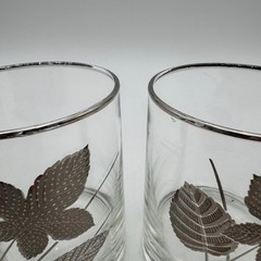 5 Libbey Platinum Leaves Double Old Fashioned Glass 4″ Silver Trim VTG