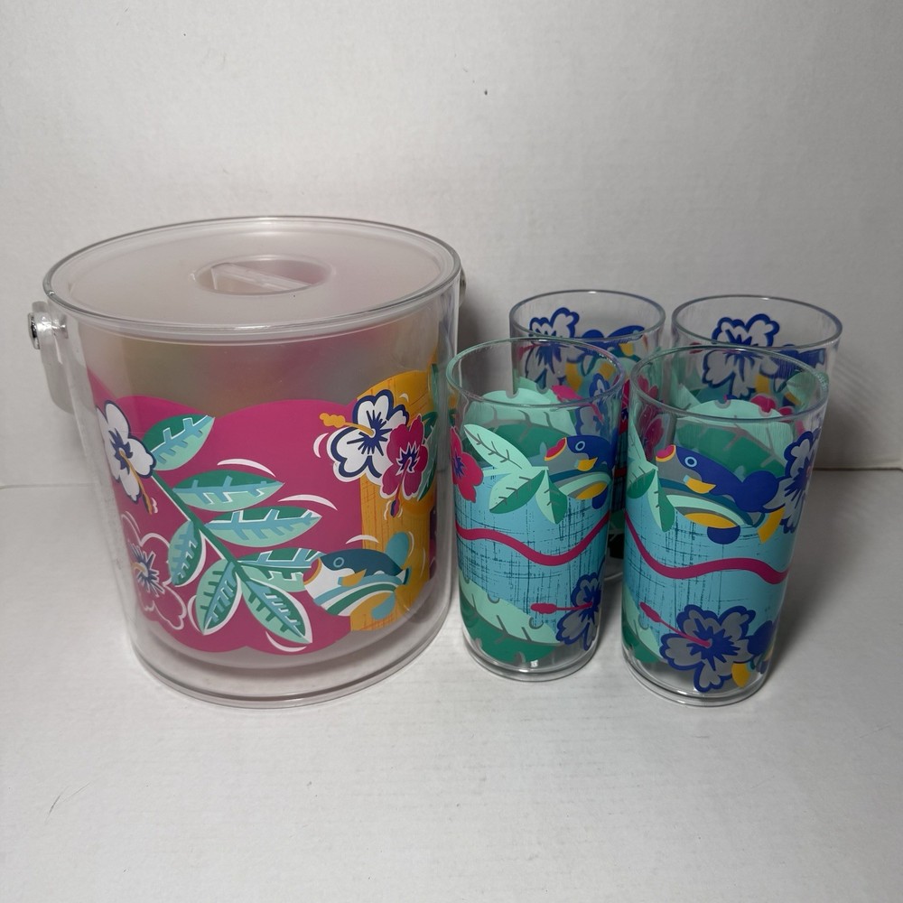 Vintage Tropical Breeze Summer Oasis Plastic Ice Bucket 4 Tumblers 1980s Retro