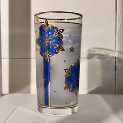 Frosted Blue Gold Snowflake Tumbler Libbey 12oz Mid Century Barware 1960s