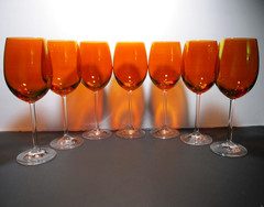 Amber Orange Clear Stem Set of 7 Wine / Water Crystal Luster Goblets 8-1/2” Tall
