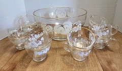 Anchor Hocking Grape Leaf Pattern Punch Bowl Set with 12 Cups Gold Rims