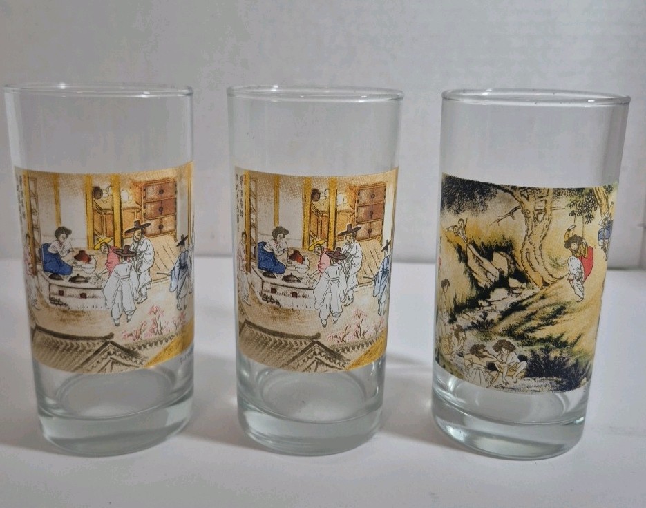 Vintage Korean Scene Drinking Glasses Set of 3 Asian Art Tumblers