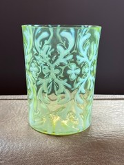 VICTORIAN NORTHWOOD VASELINE OPALESCENT GLASS SPANISH LACE TUMBLER 1890’S