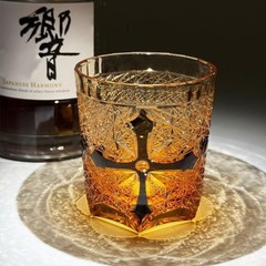 Handmade Religious Cross Pattern Whisky Glass Cup Kiriko 9oz Amber Black Artwork