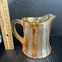 Hazel Atlas Diamond Point Columns Marigold Carnival Glass Pitcher 4in Vintage