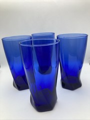 New Set of 4 Anchor Hocking Sybil Cobalt Blue Twisted Hexagon Base Glasses 15oz