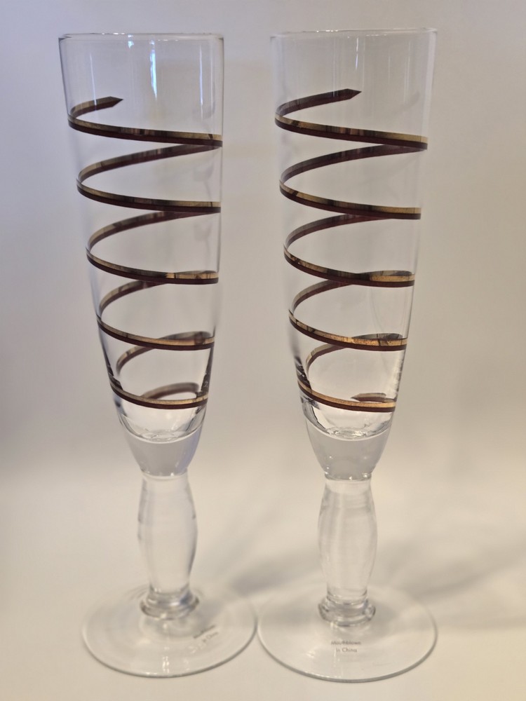 Pier 1 Reddish Brown/Gold Swirline Hand Blown 9″ Flutes Set Of 2 Discontinued