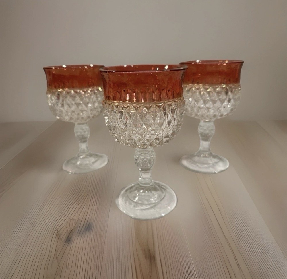 Indiana Glass Diamond Point Ruby Flash Wine Water Goblet 6oz 5.25” Tall (3)